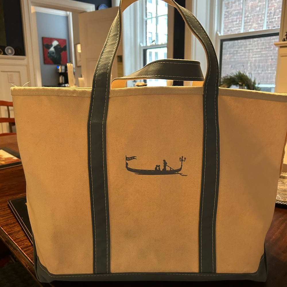 L.L. Bean Cream Tote with Blue Straps